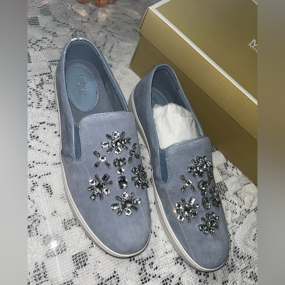 MICHAEL KORS Pale Blue Keaton Embellished Suede Leather Slip-On Sneaker - Picture 3 of 13